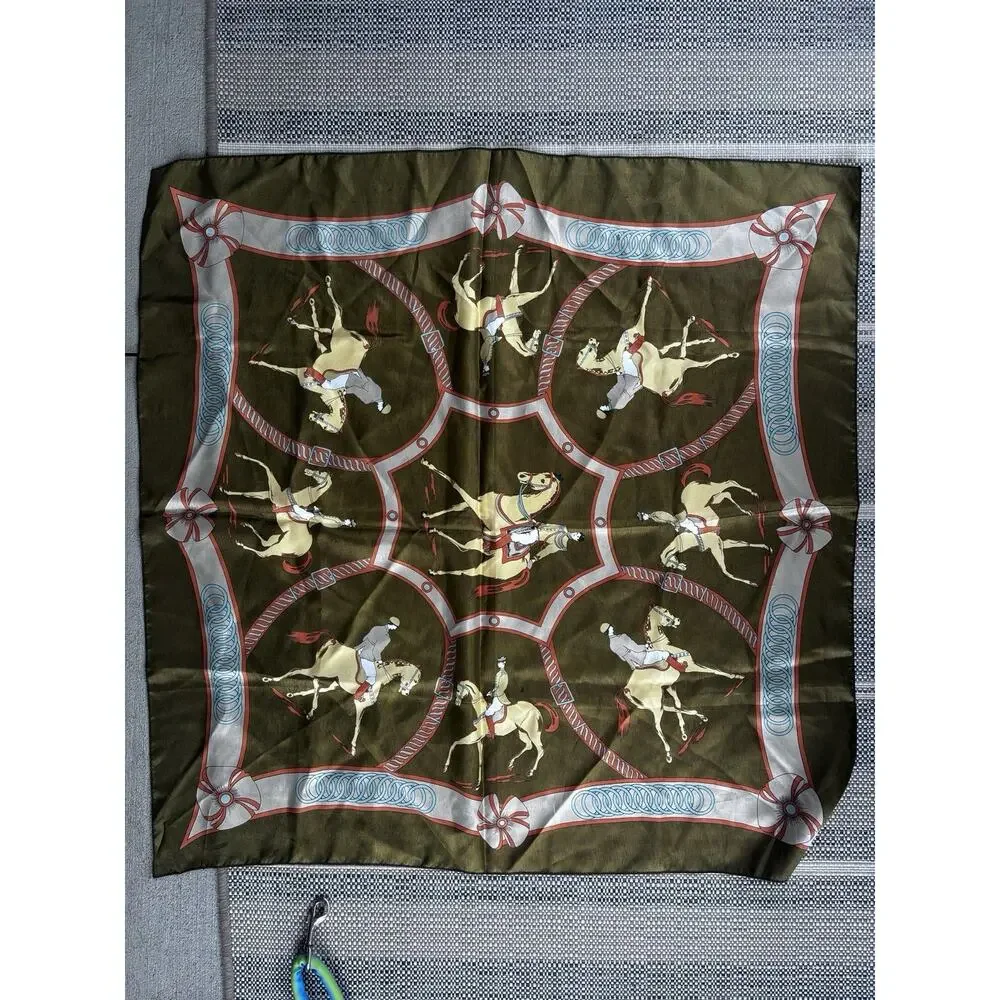 Vintage Equestrian Horse Rider Scarf Olive Green Satin Hermès Style 33” polo